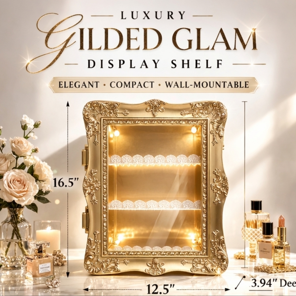 Luxury Gilded Glam Display Shelf | Gold Vanity Wall Cabinet | Ornate 3-Tier